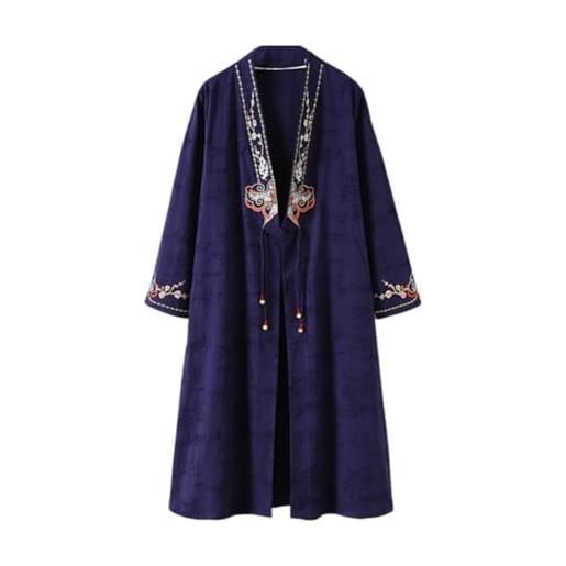 PRINCESS BRIDE lino elegante ricamo donna rana pulsante cardigan lungo trench cappotto outwears camicia allentata giacca, marina militare, m