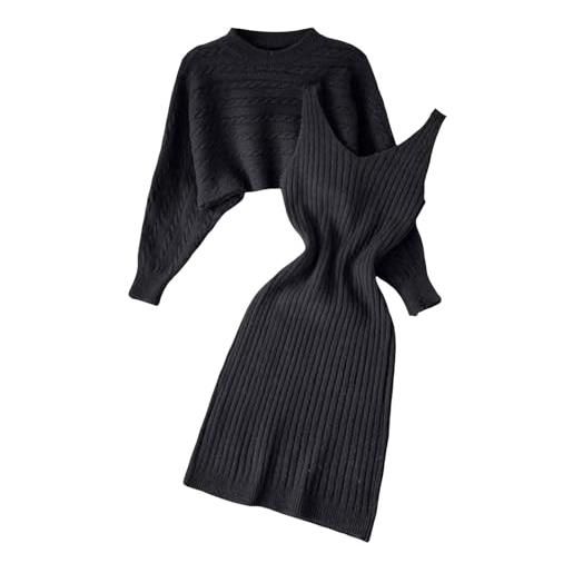 TDEOK set abito e maglione da donna, 2 pezzi, in maglia y2k, a costine, a maniche lunghe, elegante, per cocktail, primavera, inverno, feste, feste, maglione corto + abito lungo, nero , taglia unica