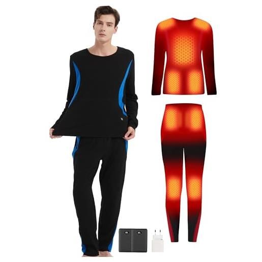 CYCYHEAT set di biancheria intima riscaldabile per uomo e donna con power bank da 10000 m. Ah - intimo termico elettrico usb + pantaloni con 3 livelli di temperatura, blu, m