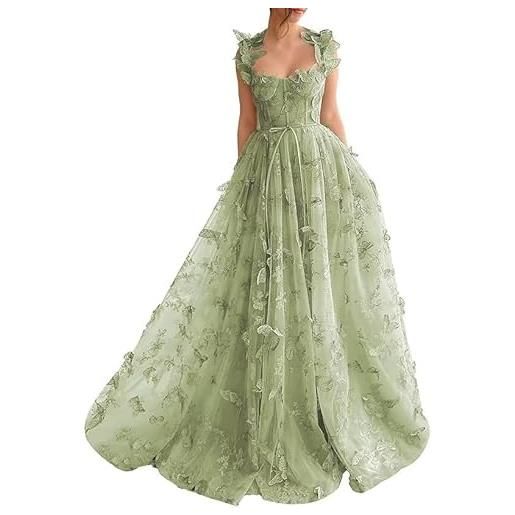 Generico abiti da ballo in tulle abito da ballo lungo con farfalle 3d abiti da sera sexy con spacchi e applicazioni in pizzo verde salvia 4xl