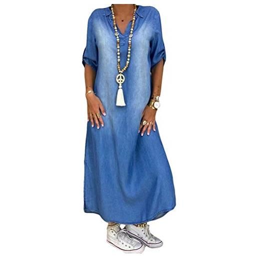Yesgirl abito estivo da donna boho in denim estivo donna casual jeans scollo a v maniche lunghe gonna a pieghe a-line maxi denim camicia a tunica abito camicetta b blu l