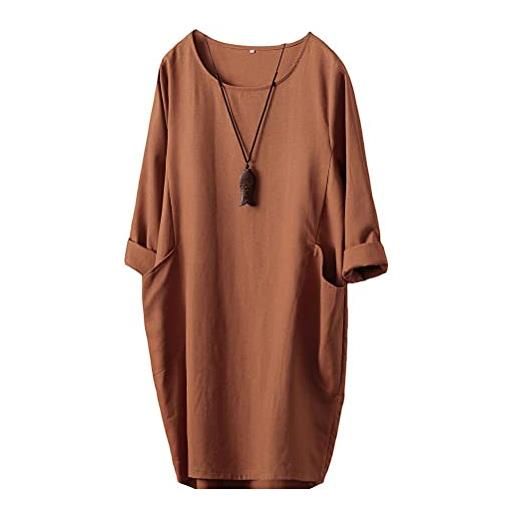 FTCayanz donna vestito tunica t-shirt lino abito manica lunga mini sciolto abiti elegante arancia l