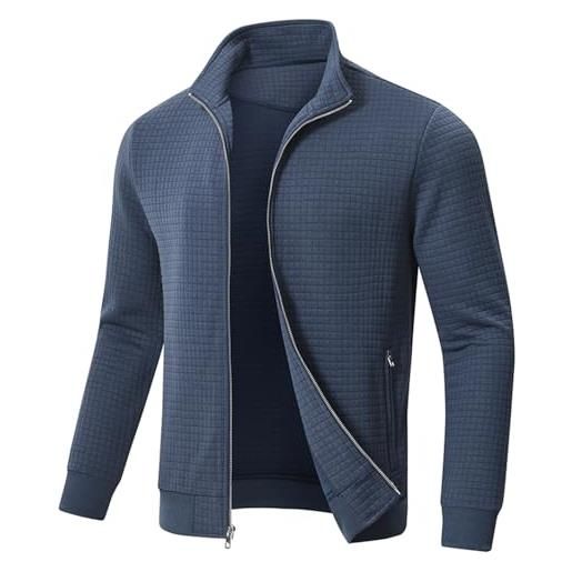 Huayuzh giacca da uomo mezza stagione invernale a scacchi jacquard vita quotidiana tempo libero giacche leggere con tasca con cerniera, grigio/blu, m