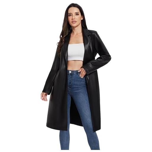 Fahsyee trench da donna in pelle sintetica, per motociclista taglie forti, corto, leggero, vegano, alla moda, nero, small