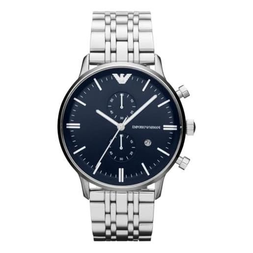Emporio Armani orologio per uomo, movimento cronografo al quarzo a 2 quadranti secondari e cassa da 42 mm con cinturino in acciaio, 43 mm, tono argento e blu scuro