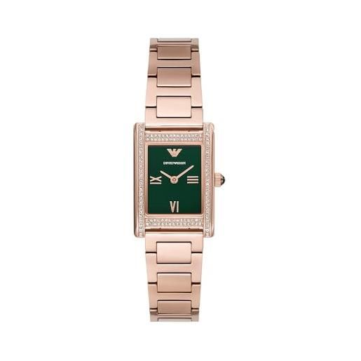 Emporio Armani orologio da donna, cassa rettangolare da 22 mm, movimento al quarzo a due lancette con cinturino in acciaio o in pelle, 22 mm, tono oro rosa