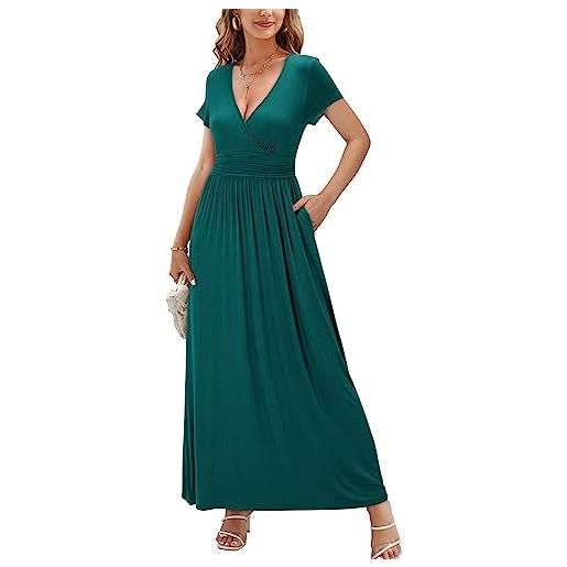 OUGES abito estivo donna manica corta con scollo a v abito casual boho maxi abito con tasche abito da festa