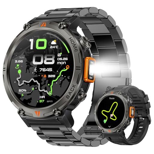 AdivaX gps smartwatch militare uomo impermeabile 3atm con torcia led bussola, 1,45 hd rugged smartwatch orologio con chiamate bluetooth, fitness watch con cardiaca spo2 notifiche whats. App per android ios