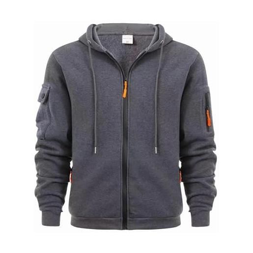 Sprifloral felpa con cappuccio da uomo con zip e maniche lunghe, in pile, casual, con tasche con cerniera, grigio, xl