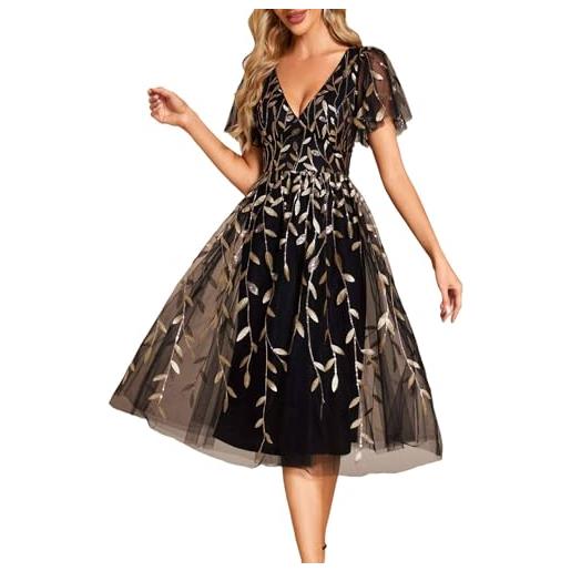 Ever-Pretty abito da cocktail midi da donna con paillettes e tulle scollo a v maniche corte oro nero 38