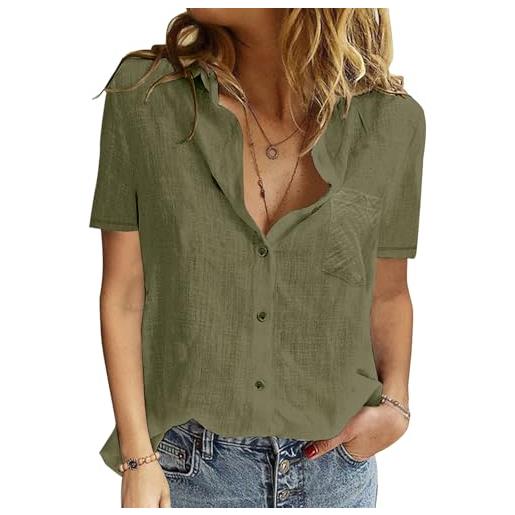 PASUDA camicia donna estiva camicetta da donna manica corta cotone elegante blusa maglietta scollo a v top con bottoni moda casual t shirt tinta unita classico maglia tees (rosa, xl)