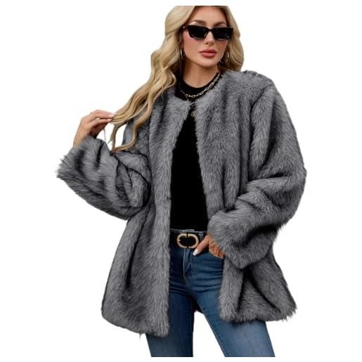 YuanDiann cappotto da donna in pelliccia sintetica autunno inverno casual caldo cardigan girocollo largo comodo elegante giacche in pelliccia artificiale imitazione pelliccia giacca di pelliccia
