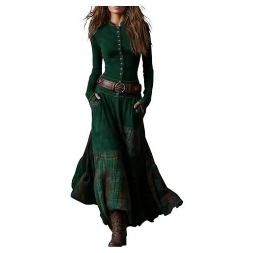 Zanisouta maxi abito da donna a quadri, abito da cocktail patchwork in pelle scamosciata, vintage, western autunno, casual, a maniche lunghe, colletto alto, abito da sera, o verde scuro, s
