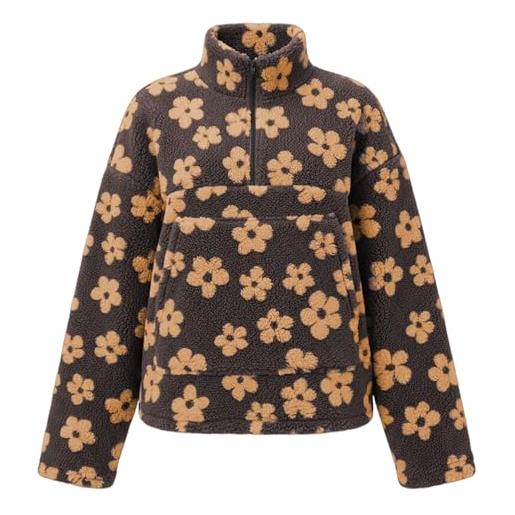 Generisch maglione da donna in pile con motivo floreale, con mezza cerniera, casual, per autunno, stile vintage, da donna, a maniche lunghe, taglie forti, caldo, o giallo, m