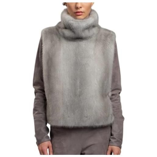 Generic gilet da donna in finta pelliccia, senza maniche, a collo alto, con bottoni in metallo per una lussuosa stratificazione e stile invernale, grigio, m