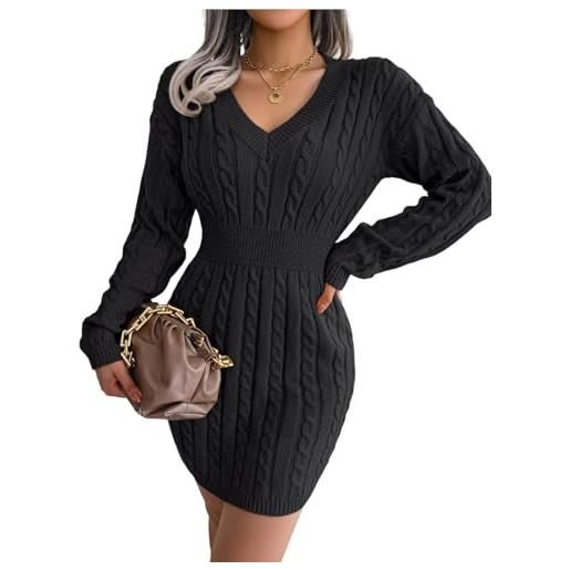 Generic mini abito da donna con scollo a v, lavorato a maglia, casual, a maniche lunghe, per autunno e inverno, vestibilità aderente, nero , l