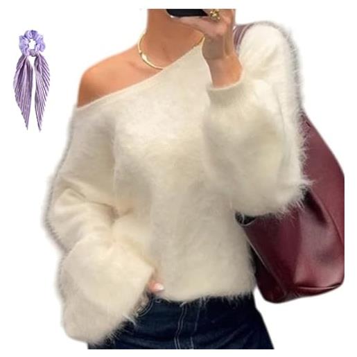 INLANDSIS maglione da donna in mohair con spalle scoperte, pullover corto oversize, maglione soffice in maglia pelosa, top invernali y2k, bianco, xl
