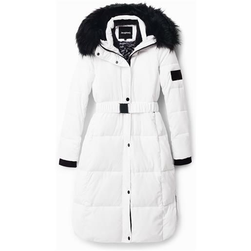 Desigual, cappotto imbottito con cintura lunga, poliestere, bianco, l
