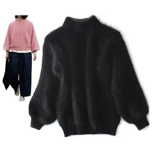 FAIRZ maglione caldo sciolto in misto cashmere d'angora invernale, tinta unita girocollo lavorato a maglia maglione maglione soffice in peluche, nero , taglia unica