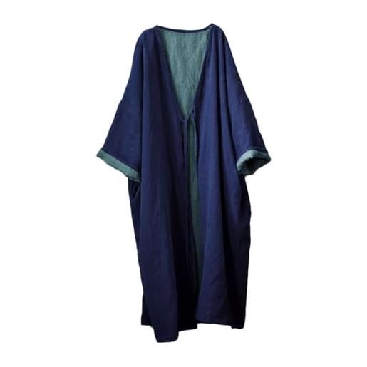 NFYM donne autunno primavera allentato kimono duster tie front doppio strato cotone lino trench cappotto plus size capispalla, blu, taglia unica più
