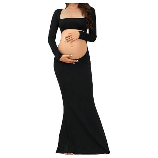 Abito Midi Premaman a Maniche Lunghe in Rete Floreale per maternità, Abito Aderente per Baby Shower, Servizio Fotografico, S
