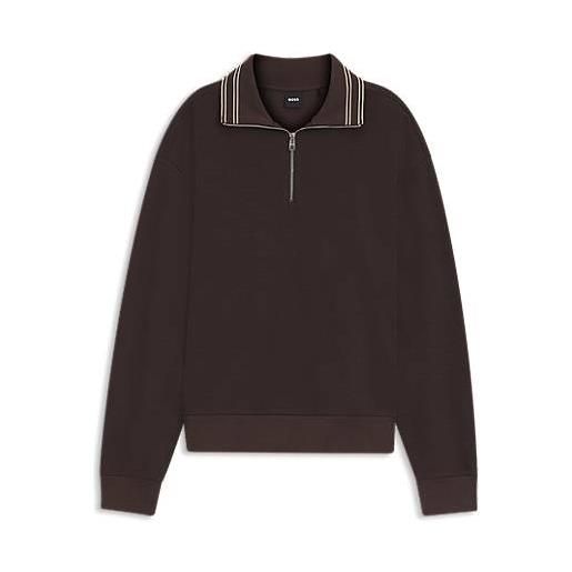 BOSS felpa in cotone con zip corta, marrone scuro