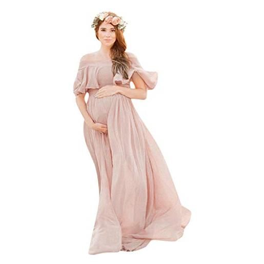 Foweknow vestito da donna per gravidanza, servizio fotografico, abito premaman lungo il pavimento, tinta unita, elegante, per feste, estate, spalle, colore: rosa. , l