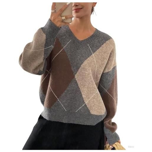 AIHERQG maglione oversize in maglia grossa da donna, scollo a v, a rombi, corto, a maniche lunghe, casual(apricot grey, l)
