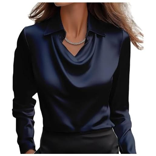 Generic elegante camicetta da donna in raso con collo ad anello, drappeggiato increspato sul davanti a maniche lunghe camicia pullover camicia business ufficio lavoro seta top elegante, marina militare, m