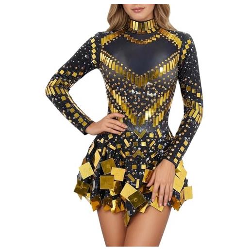 Generico abito da sera da donna con paillettes scollo alto maniche lunghe chiuse elegante e chic vestibilità attillata stile trendy per carnevale e feste