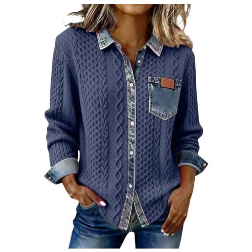 Generic camicia in denim patchwork donna chic ed elegante manica lunga maglione girocollo tinta unita maglione top outdoor grandi taglie abbigliamento per primavera autunno inverno giacca moda, grigio scuro