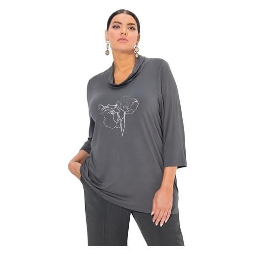 Ulla Popken maglia con stampa metallica, scollo a goccia e maniche a 3/4 asfalto 42+ 837407100-42+