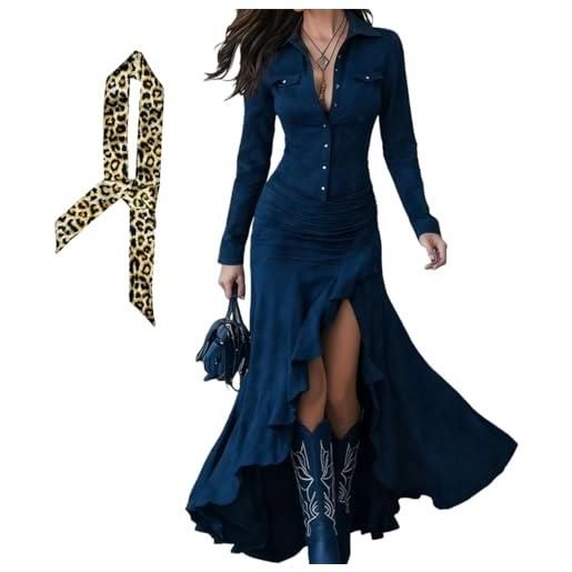 INLANDSIS abito da donna vintage in pelle scamosciata western, scollo a v, a maniche lunghe, con bottoni, abito da cowgirl in finta pelle scamosciata, caramello, l