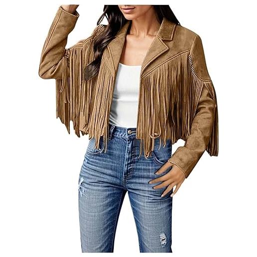Generico cappotto beige donna giacca da donna in pelle scamosciata sintetica con frange tinta unita giacca corta da motociclista con frange giubbotto piumino invernale donna (khaki, xxxl)