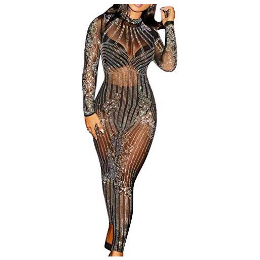 Wenchuang donna manica lunga see through mesh strass scintillante aderente tuta clubwear nero m