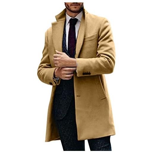 Generic trench invernale da uomo color cammello, giacca doppiopetto da uomo, elegante cappotto lungo, design formale classico, cappotto invernale da uomo, materiale misto lana resistente, cachi, m