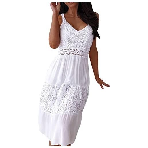 Generic abito da spiaggia da donna, estivo, sexy, con scollo a v, tinta unita, elegante, in pizzo, patchwork, senza maniche, lunghezza al ginocchio, per il tempo libero, traspirante, abito swing, bianco, m