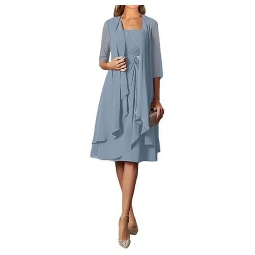 UMLXYER 2 pezzi madre della sposa abiti per le donne collo quadrato chiffon corto formale abito da sposa con giacca dusty blue xl