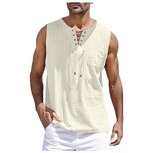 Generisch 2025 - top da uomo primaverile estivo casual sportivo senza maniche top cotone gilet in lino solido fitness muscle canotta sportiva 48 uomo, beige. , xxl