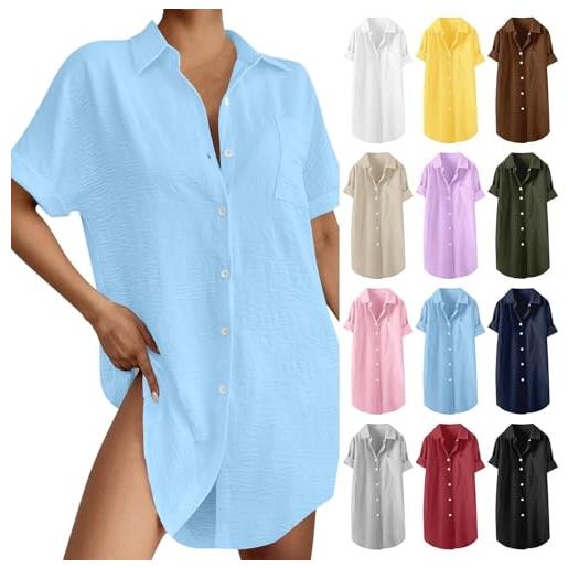 Generic abito da donna estivo a maniche corte, in tinta unita, corto, con bottoni, casual, scollo a v, estivo, elegante, per il tempo libero, nero , 3xl