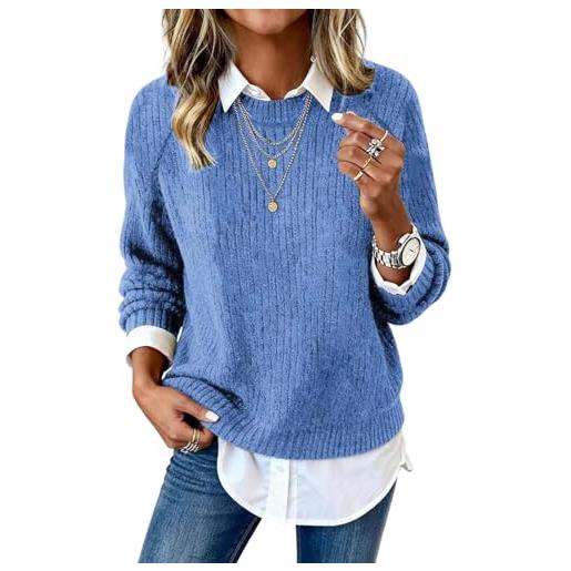 shownicer maglione donna scollo a rotondo maglione chic elegante pullover casual sweater autunno inverno a azzurro xl
