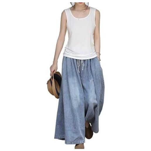 EXPOING - pantaloni in denim a gamba extra larga da donna, jeans lunghi con vita elasticizzata e tasche, taglie forti, stile casual, a-blu, l