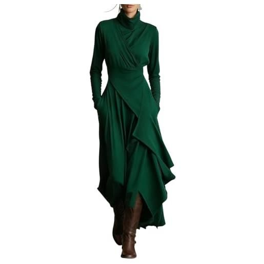 Generic elegante abito lungo asimmetrico con collo alto da donna, tinta unita, aderente, con orlo incrociato irregolare (green, l)