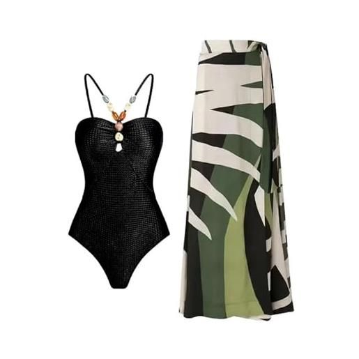 Generic costume da bagno intero da donna, a vita alta, con scollo all'americana, con gonna lunga avvolgente, pareo da spiaggia, nero , m