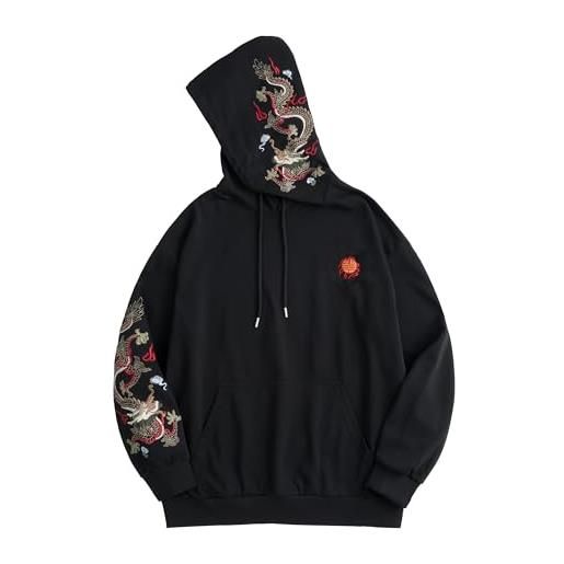 HaiZi XiHuan streetwear - felpa con cappuccio da uomo con dragone ricamato, pesante, con stampa grafica giapponese techwear, drago nero-01, x-large