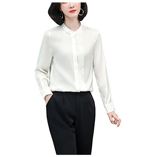 Valin s3392 - camicia da donna in seta, a maniche lunghe, con colletto alto, in seta, bianco, 44