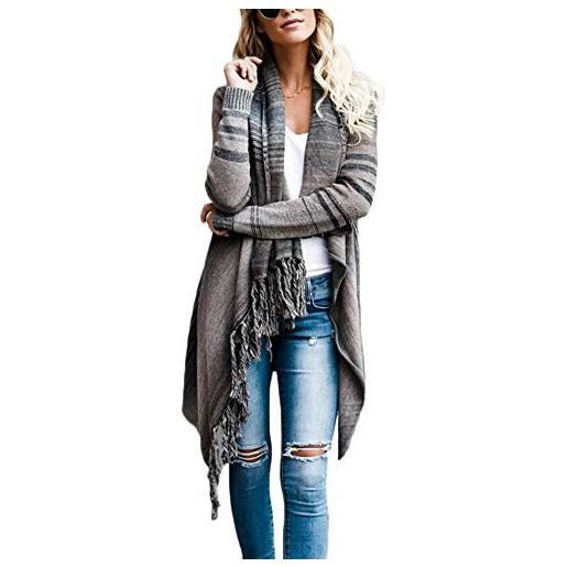 ShiFan donna cardigan lungo elegante a manica lunga cappotto con frange maglione maglia sweater marrone grigio l