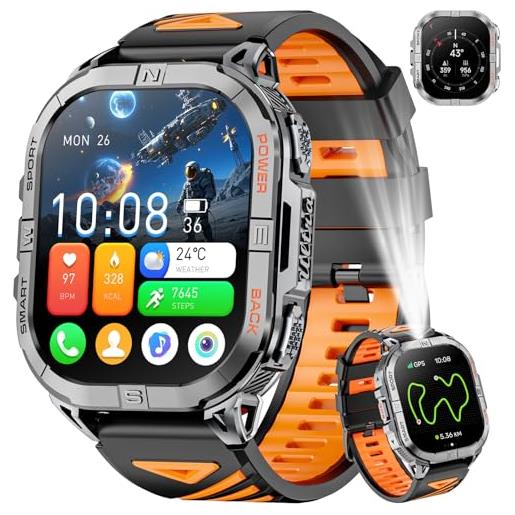 Joautrial gps smartwatch uomo, 2,13 amoled militare orologio con led torcia, bussola, 100+ modalità sportive, monitoraggio della salute, chiamate bluetooth per android ios (nero)