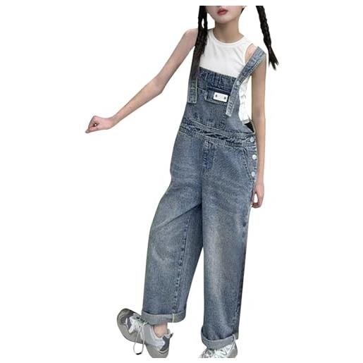 Generic salopette in denim a gamba larga per ragazze adolescenti baggy jeans salopette y2k hip hop tute senza maniche cinturino vintage trendy cool washed bretelle pantaloni, azzurro, 15-16 anni
