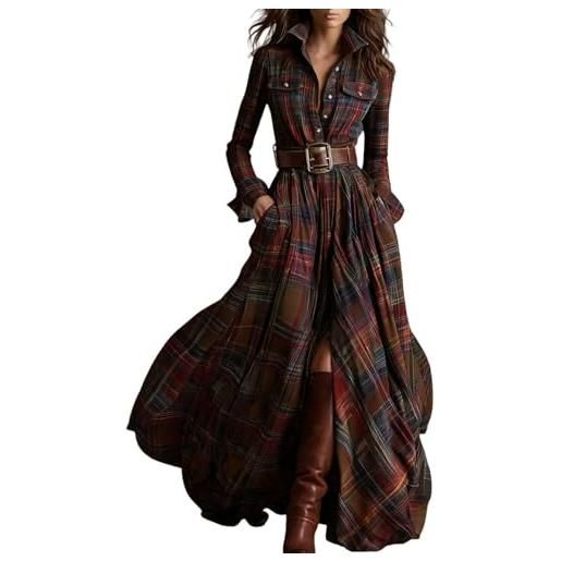 Generic abito vintage con scollo a v e maniche lunghe per le donne retrò maxi western country abiti casual abito da spiaggia vacanza al ginocchio medievale gonna costume hip hop stile cowboy, rosso, s